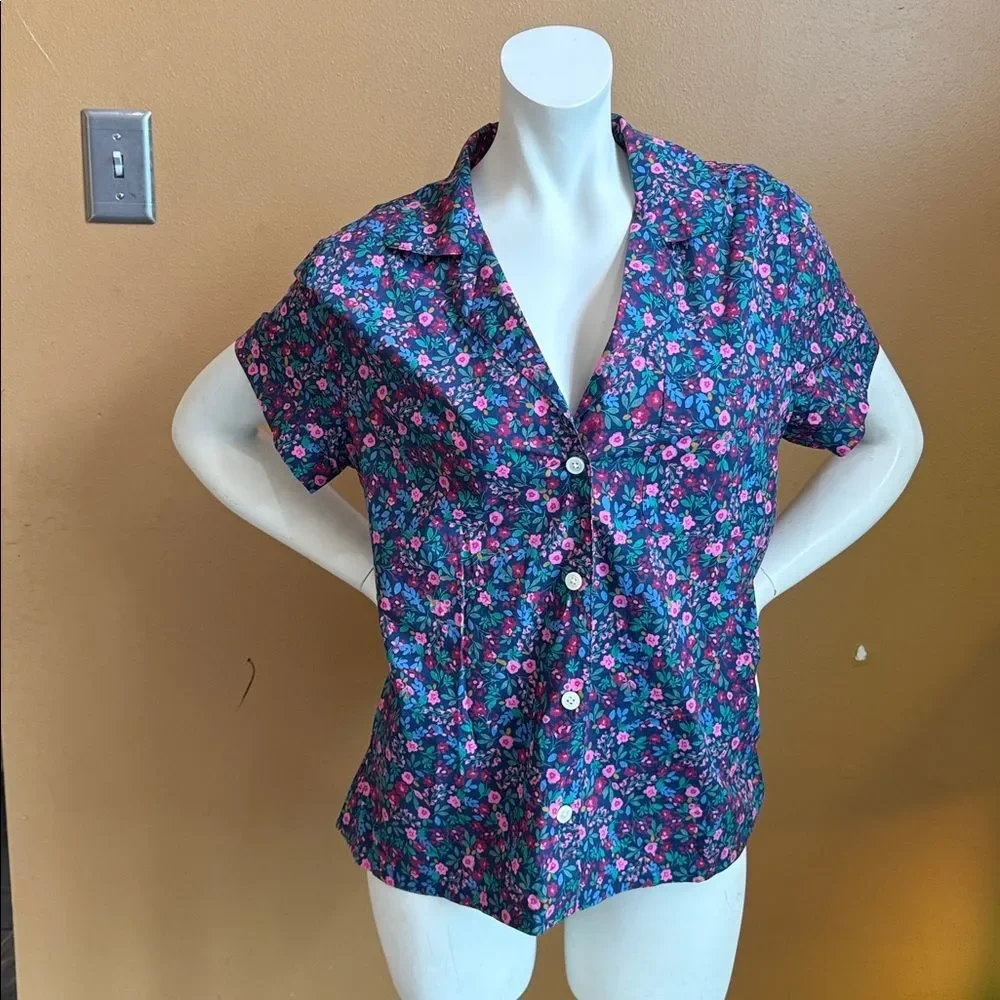 New women's J. Crew cotton pajama button down top in navy/pink floral Size L